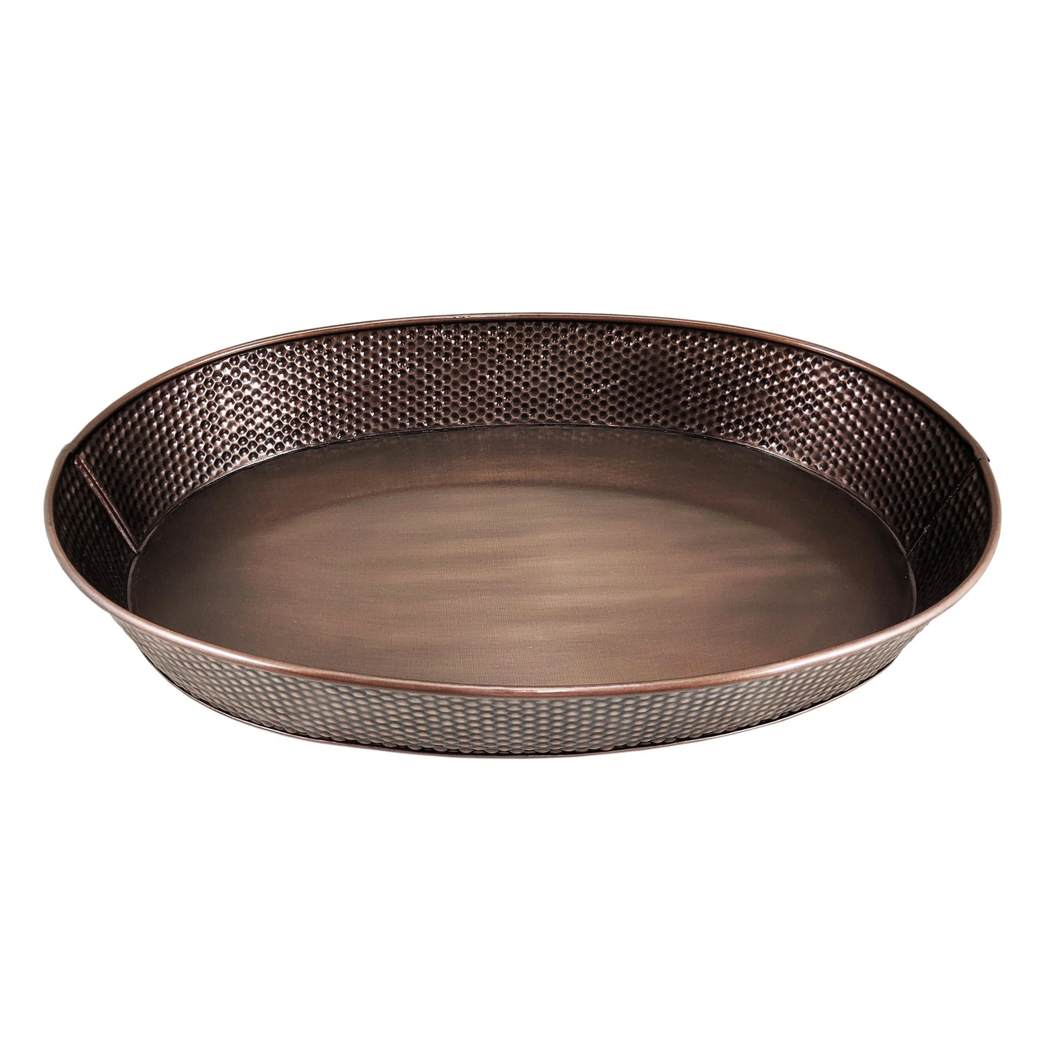 Metal tray for serving snacks and drinks at a party.  Made of metal with copper color and hammered finish.  Use in the kitchen, bar, dining room, or patio to serve your party guests.