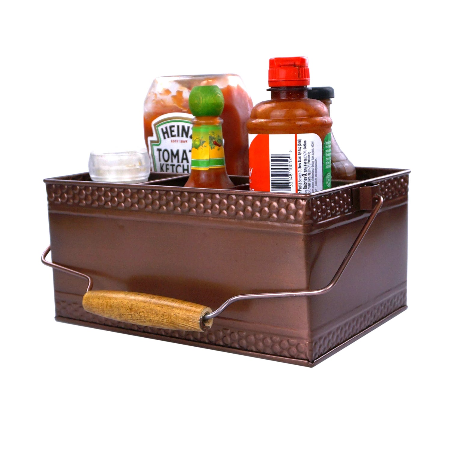 Condiment caddy to hold catsup, sauces, napkins, or utensils.  Great for party use in the kitchen or on the patio.  Made of metal with copper color and glossy easy to clean finish.
