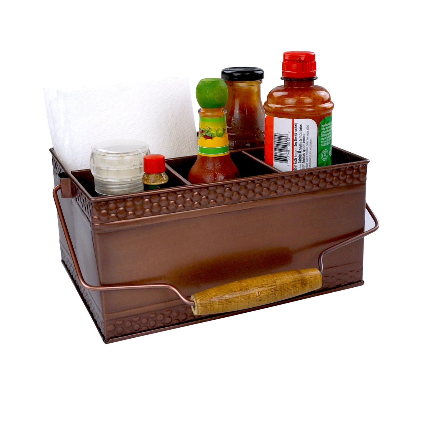 Large condiment holder made of glossy easy to clean metal with easy to grip large wooden handle.  Includes 4 compartments to hold condiments, utensils, napkins, or other party essentials.