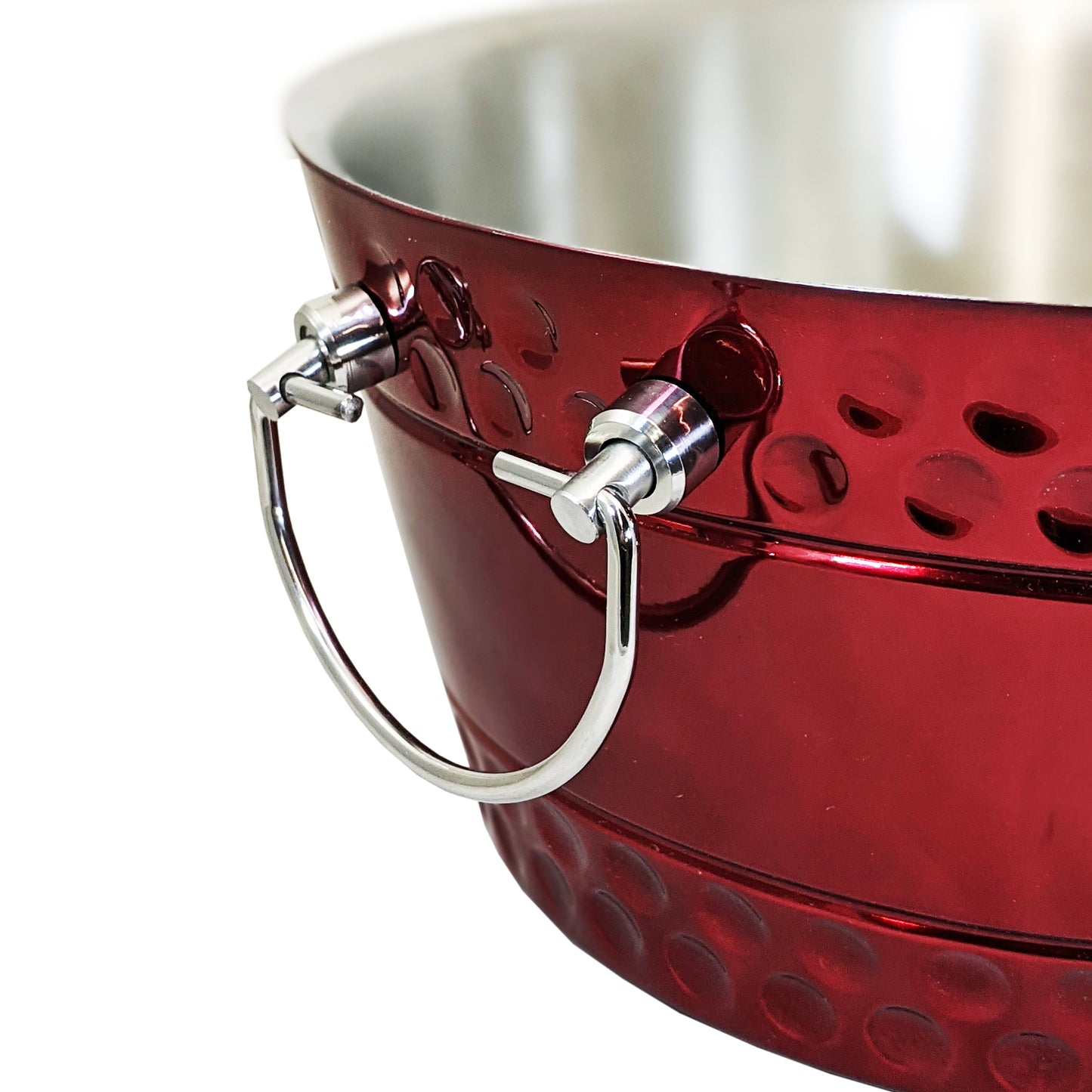 Red drink tub with strong stainless steel hinged handles.  Red glossy exterior with hammering.  Brushed stainless steel inside with no leaking and no party tub condensation mess.