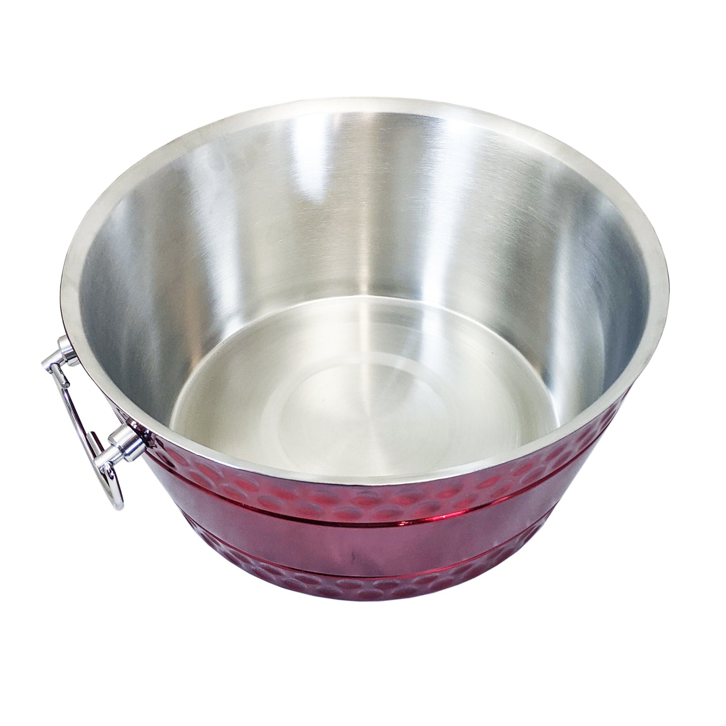 Round red beverage tub insulated and 100% leak proof.  Made of premium stainless steel and used to chill wine, drinks, champagne, or beer at parties in the home, in the restaurant, or at special events.  The red color is perfect for holiday parties for 4th of July and Christmas celebrations.