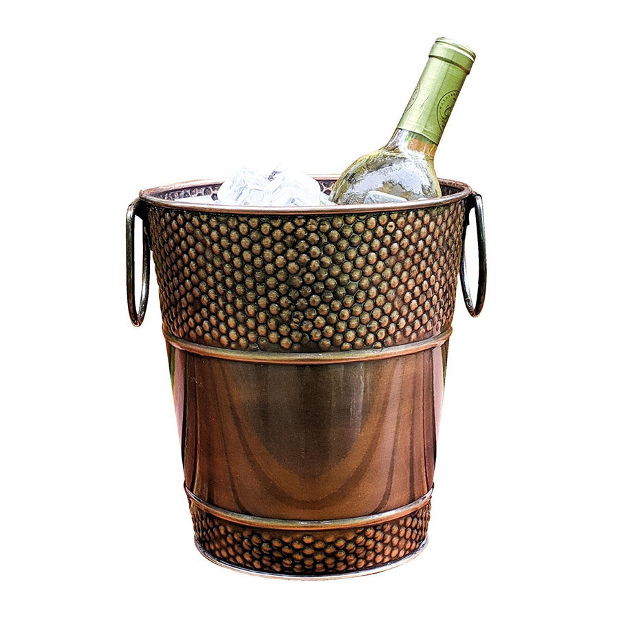 Wine bucket for parties in copper color made of metal with handles.  Includes durable hammered exterior.  Chill up to two bottles of wine or one bottle of champagne for parties when celebrating a wedding, anniversary, birthday or holiday.