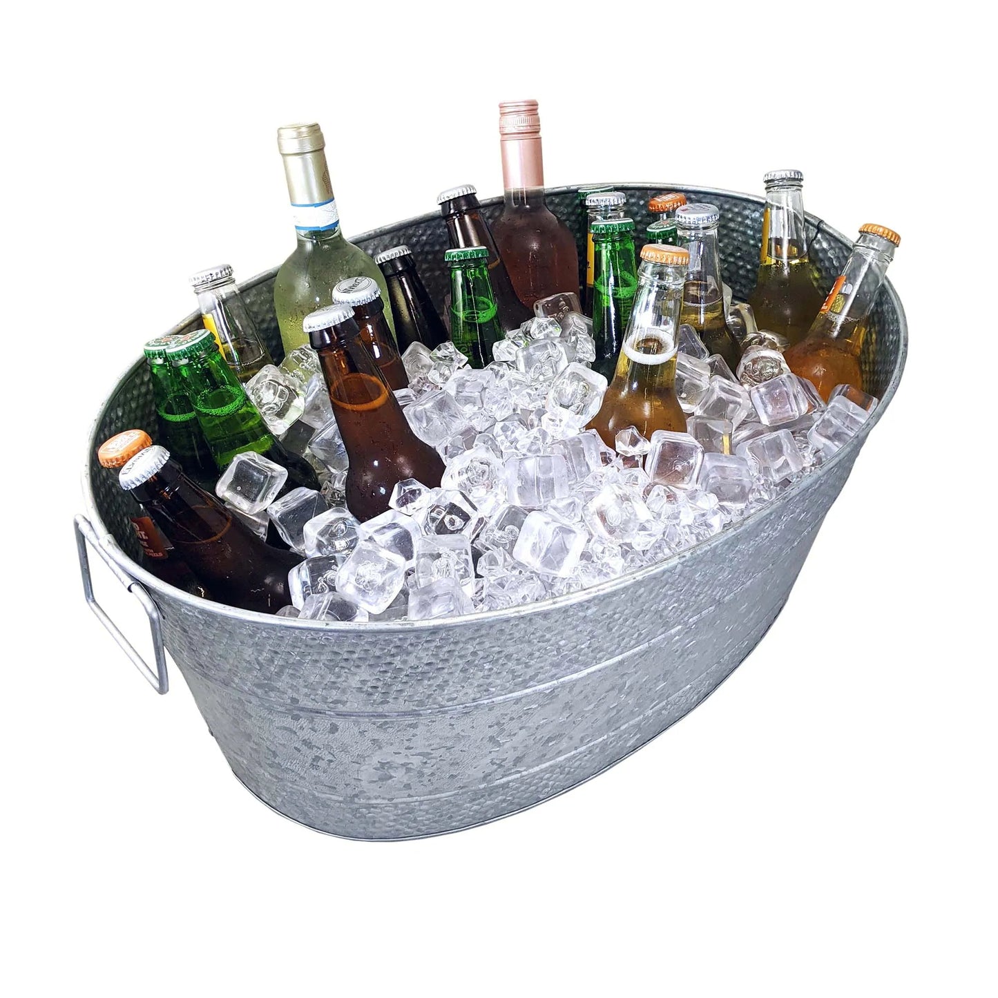 Oval drink tub to hold and chill wine, beer, and other drinks for parties when serving and share with family and friends or party guests.  Made of galvanized metal with hammered exterior and sealed bottom to prevent leaking.