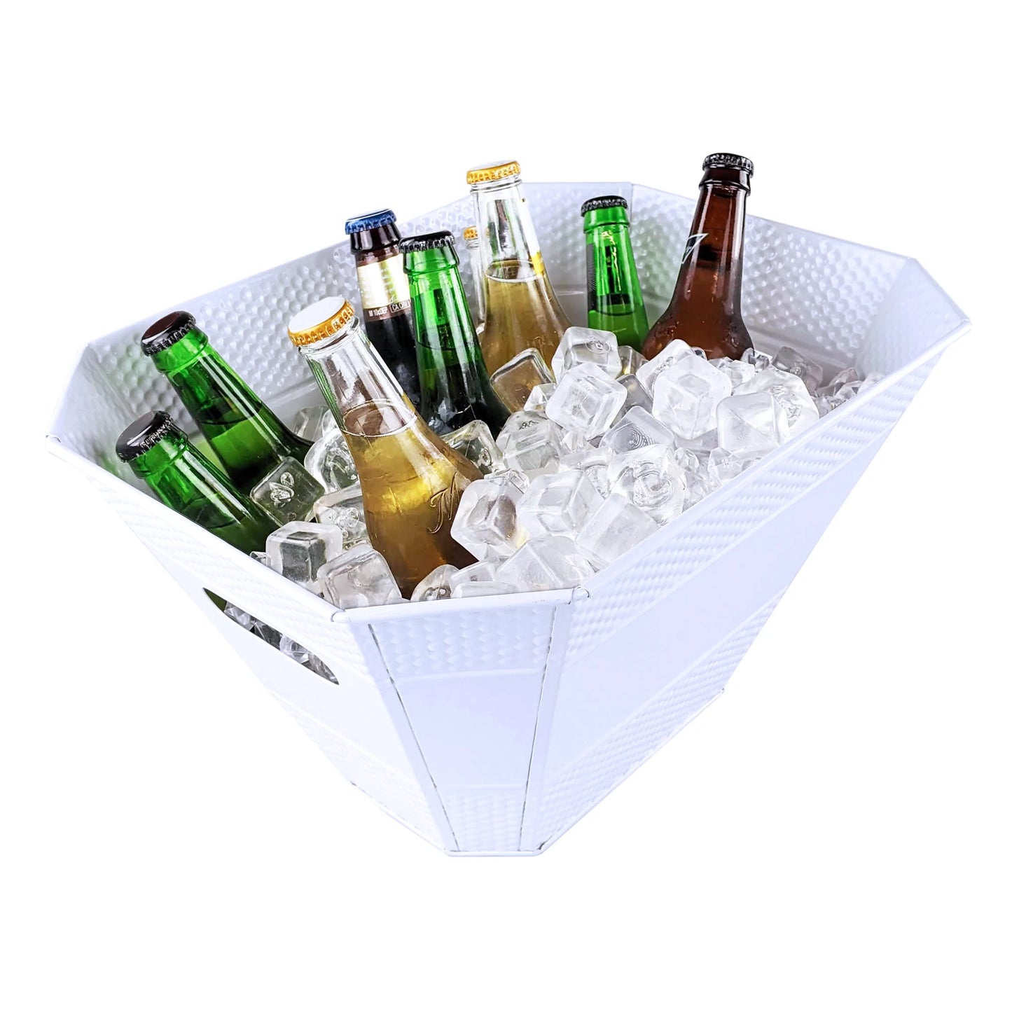 Party bucket to chill beer, wine, or drinks at a party.  Made of metal in white with easy to clean premium high glossy finish. Great for wedding, anniversary, birthday, or holiday party use.  Use in the kitchen, dining room, bar or the patio