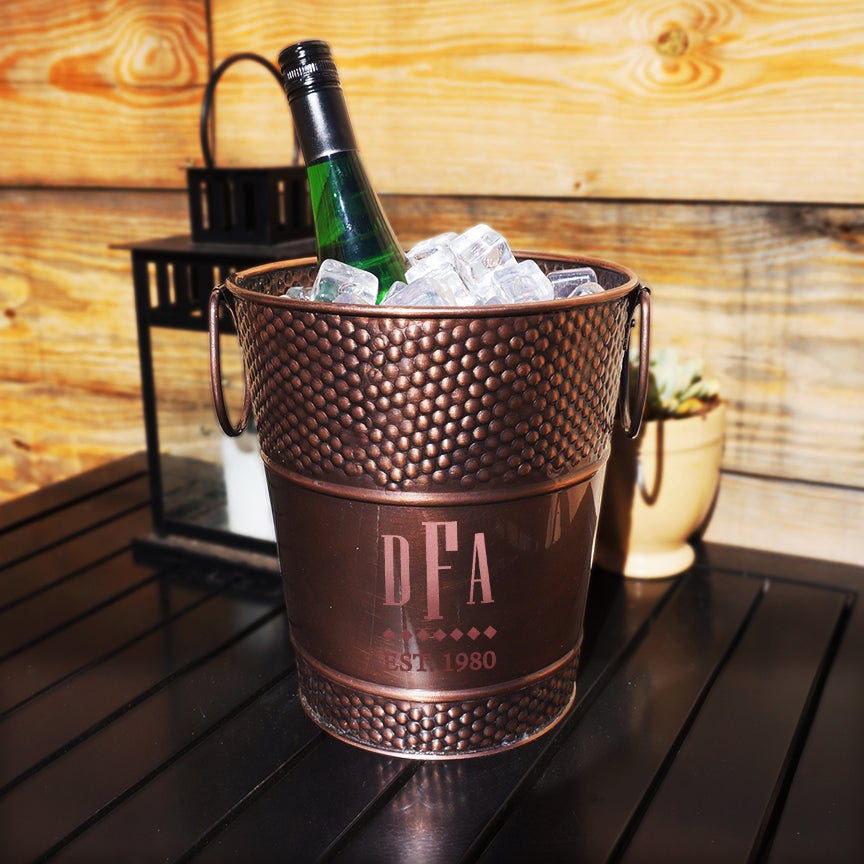 Wine bucket copper made of metal.  Holds up to 2 bottles of wine or 1 bottle of champagne.  Great for wedding, anniversary, birthday, or holiday party use.  