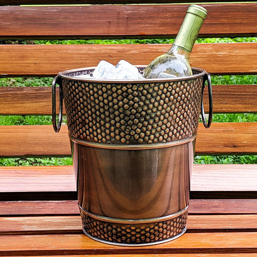 Copper wine bucket to chill wine or champagne for parties.  Customize with a custom name, monogram, or initial for free.  Use in the kitchen, bar, dining room, or on the patio.  Great to celebrate a wedding, anniversary, birthday or the holidays.  
