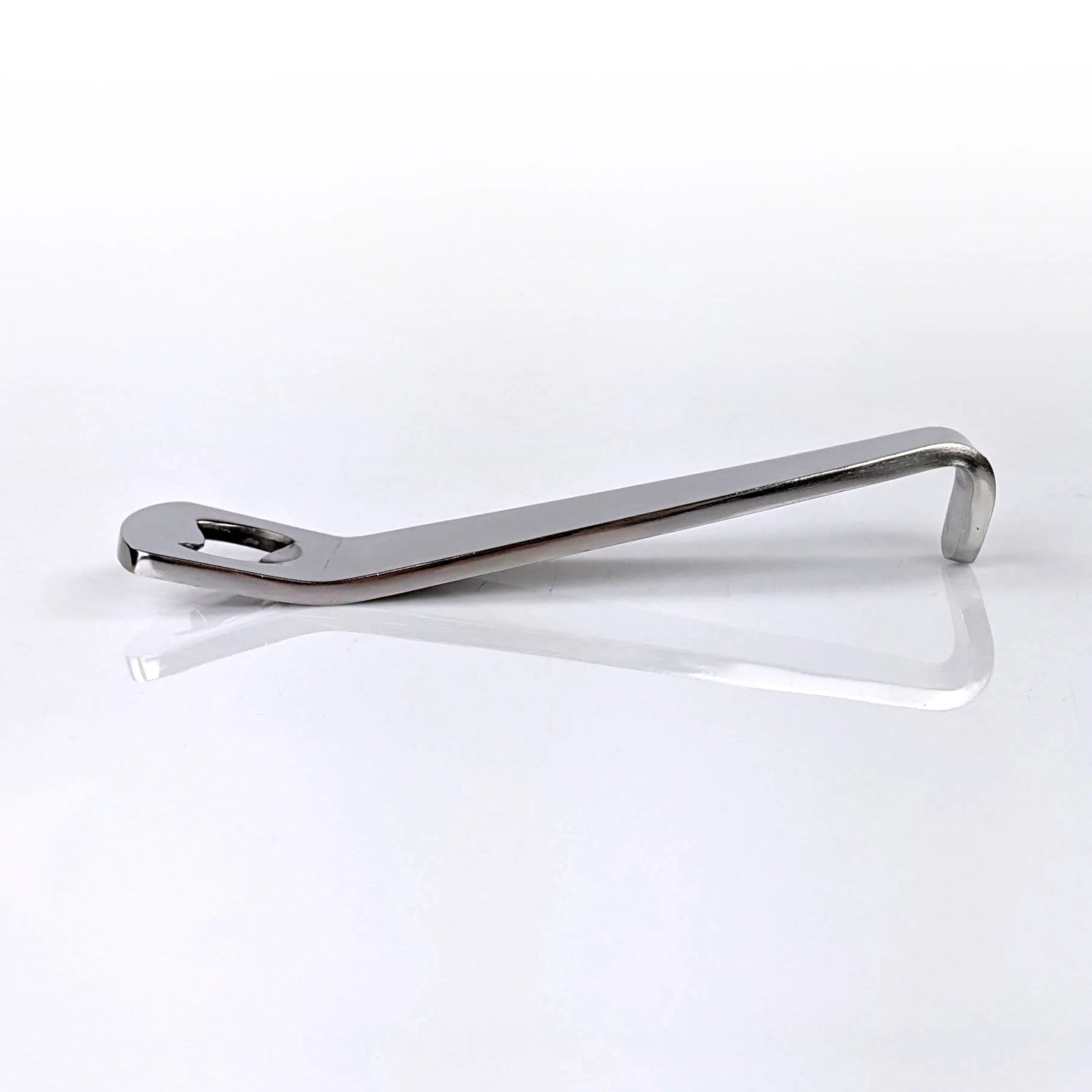 Stainless Steel bottle opener with a hook on one end to hang onto buckets, cups, and bins