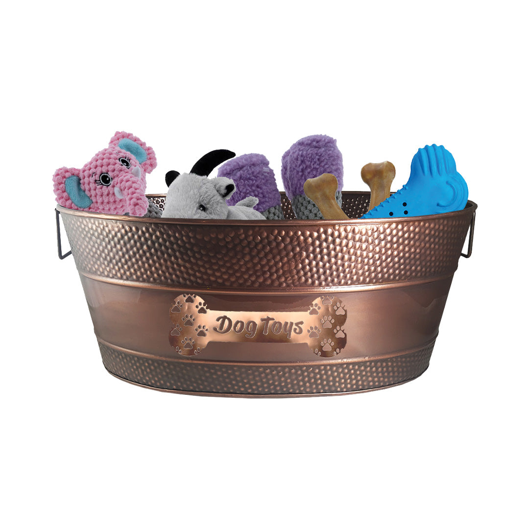 Metal dog toy bin that is strong and indestructible to hold all of your dog's toys, bones, and treats.  Keep in the living room, family room, or bedroom.