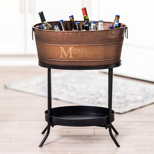 Personalized Beverage Tub Large Hammered with Floor Stand - Aspen Copper Finish