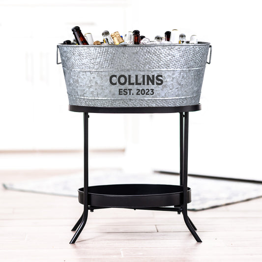 Personalized Beverage Tub Large Hammered with Floor Stand - Aspen Galvanized Rustic Finish