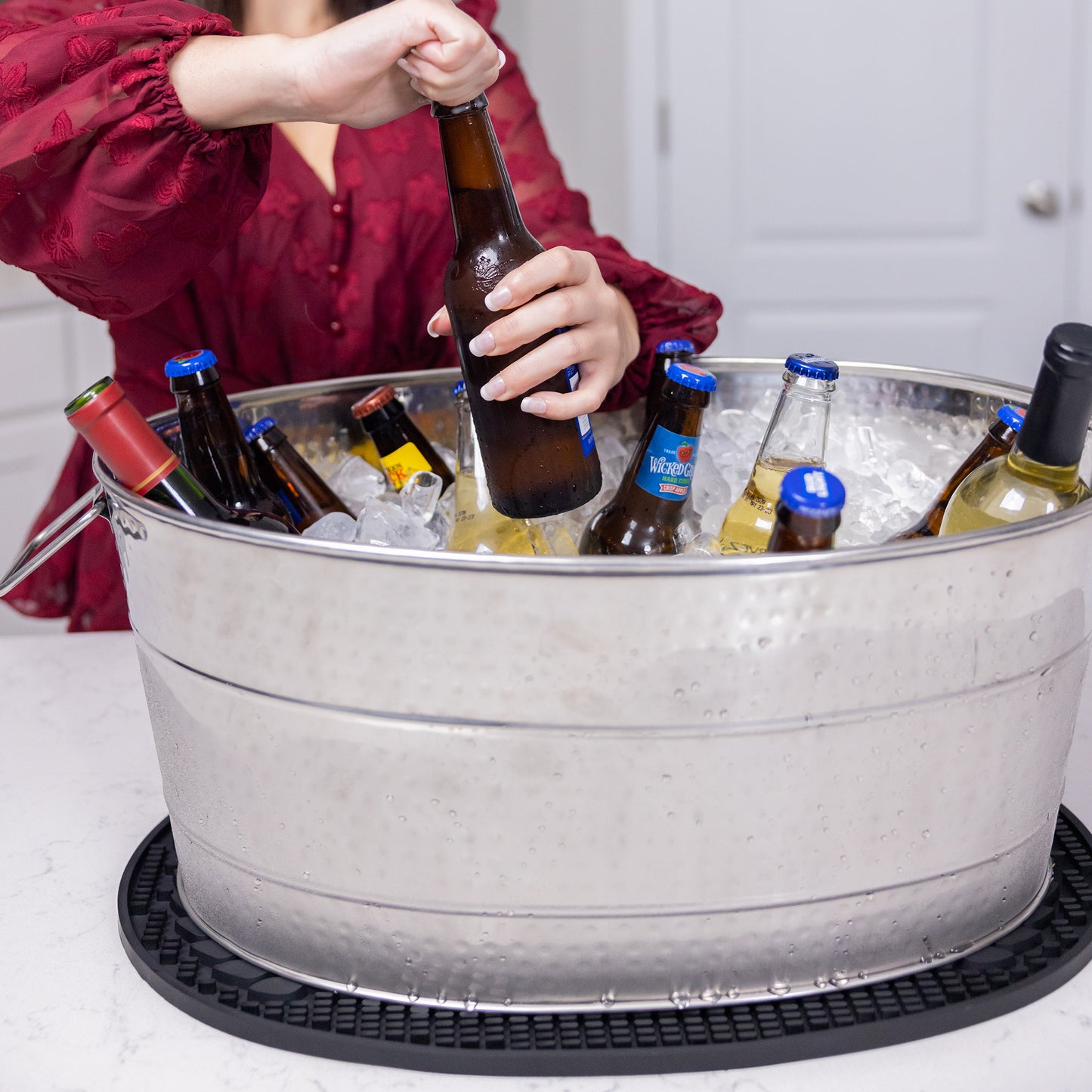 Personalized Beverage Tub with PVC Party Mat - Aspen Stainless Steel