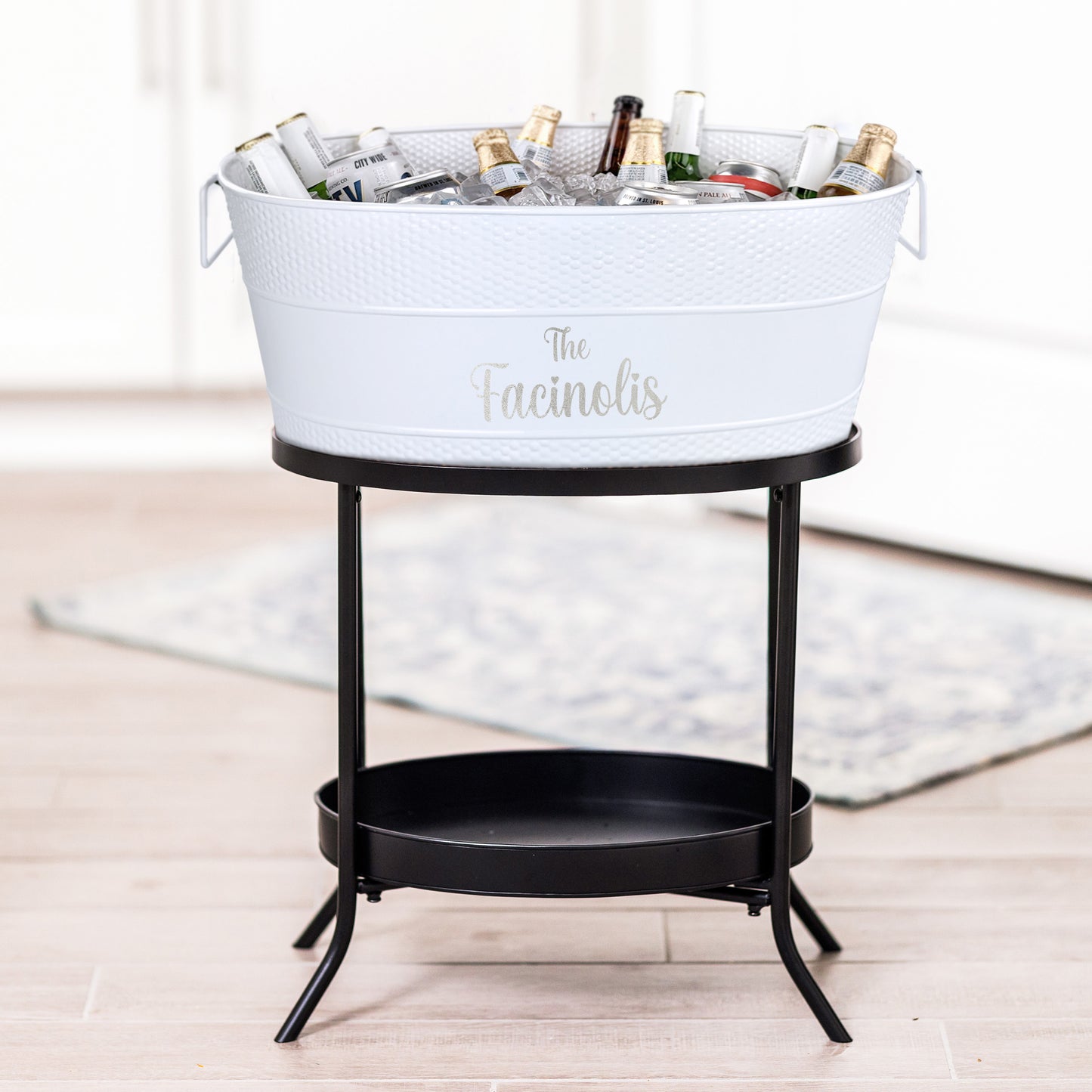 Personalized Beverage Tub Large Hammered with Floor Stand - Aspen in White