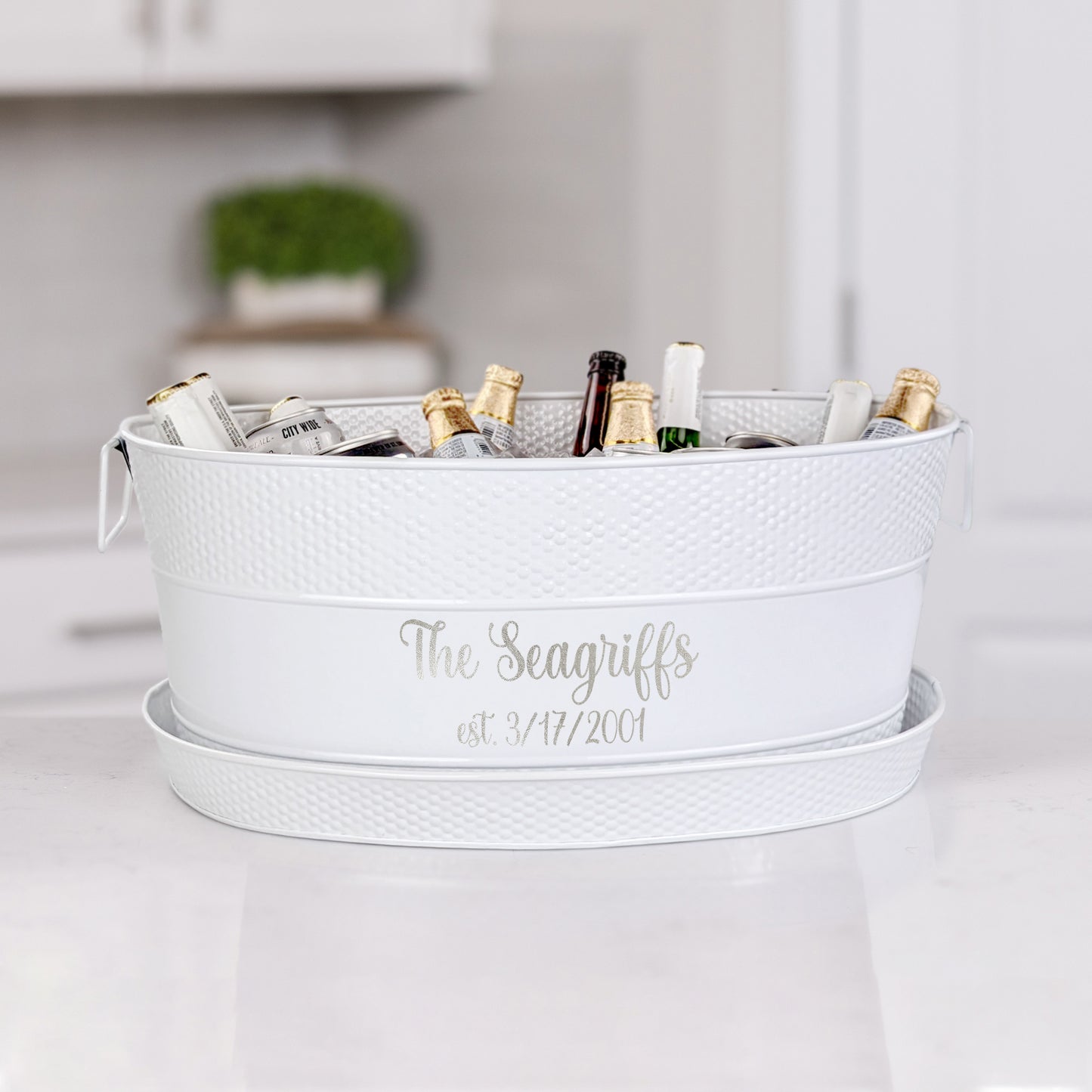 Personalized Large Hammered White Beverage Tub with Tray - Aspen + Kingston