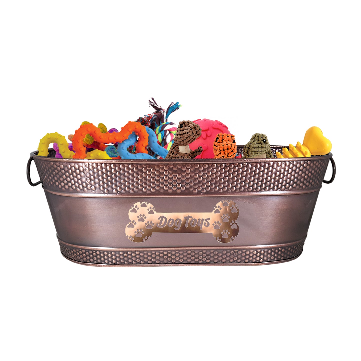 Metal bin or basket to hold dog toys, treats, and bones.  Glossy finish with antique copper color to match home decor in the living room or the bedroom.  Easily accessible for the dog to get the dog toys.