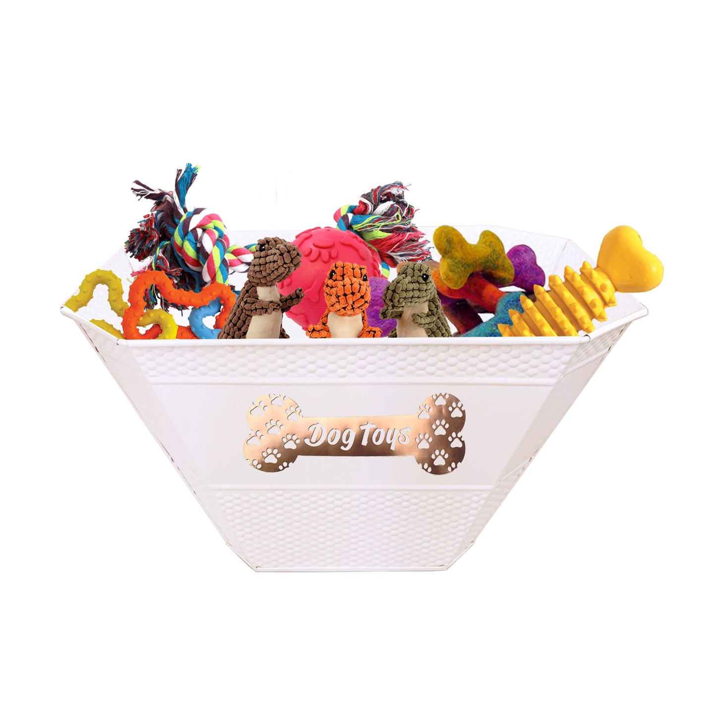 White dog toy bin, basket, or box to store dog toys, balls, ropes, and bones.  Small compact size to easily set in the corner of a living room or bedroom.  Includes custom dog bone and pawprint decoration in rose gold color.