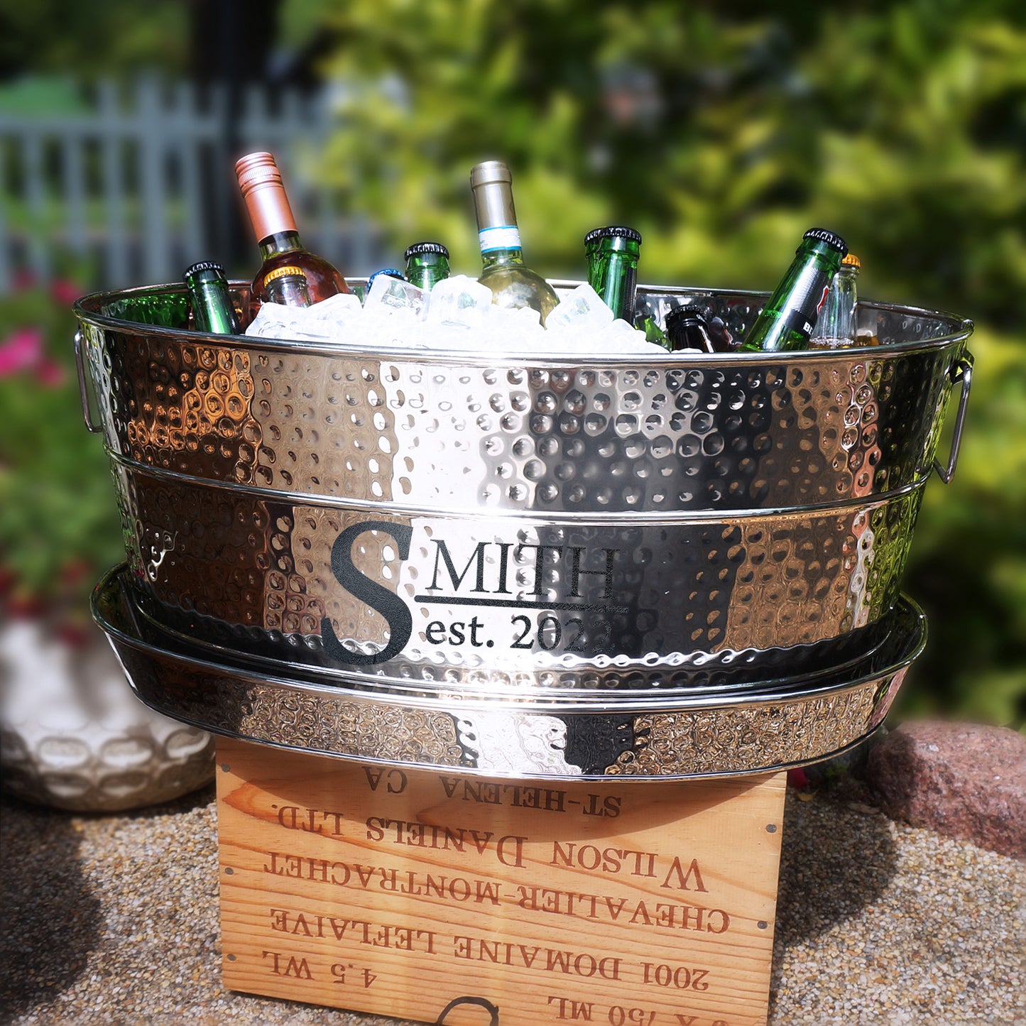 Metal drink tub with tray set for chilling and serving wine, beer, or other drinks at home or patio parties.  Personalize with a custom name or message for an added special touch to your home or give as a thoughtful custom gift for a wedding, anniversary, or housewarming. 