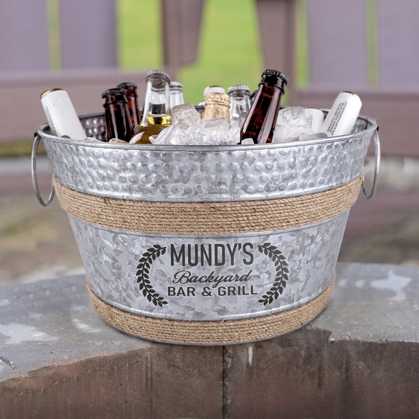 Personalized Beer Bucket Large Hammered Galvanized with Twine - Old Tavern