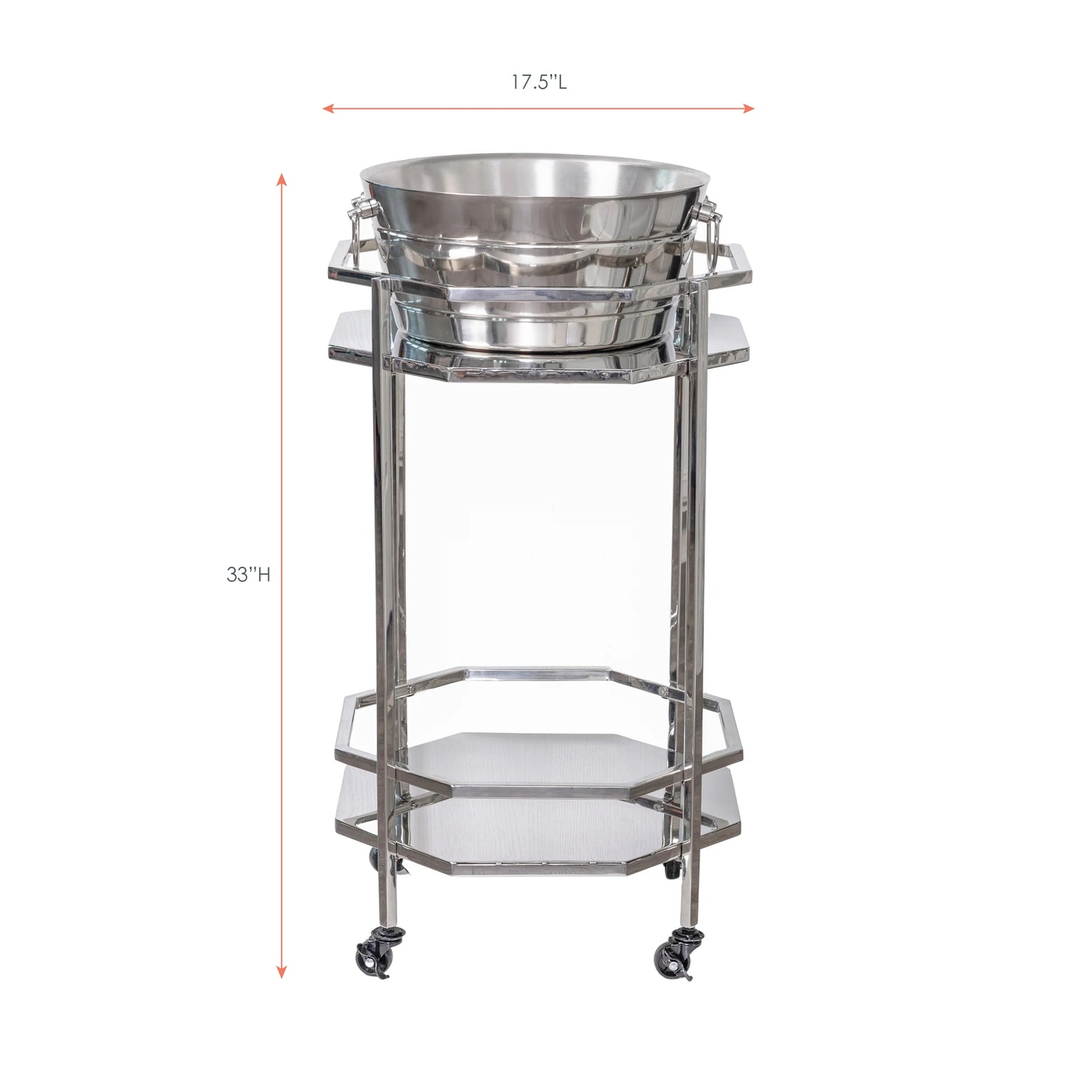 Metal rolling cooler bar cart for parties.  Includes stainless steel cart with shelves and insulated steel party tub to hold and chill wine, beer, and drinks for parties.