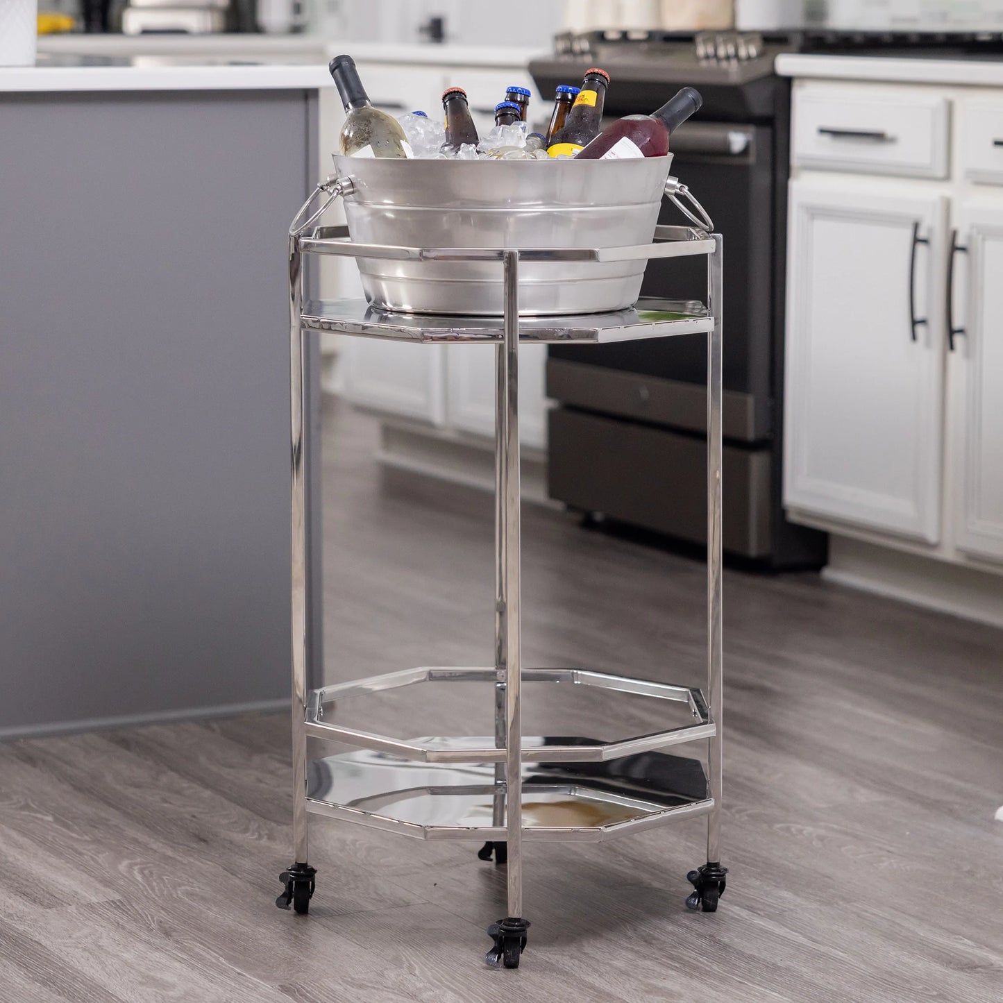 Metal rolling cooler bar cart with shelves and insulated to chill wine and drinks for parties.  Use in the kitchen, bar, dining room, or on the patio.  