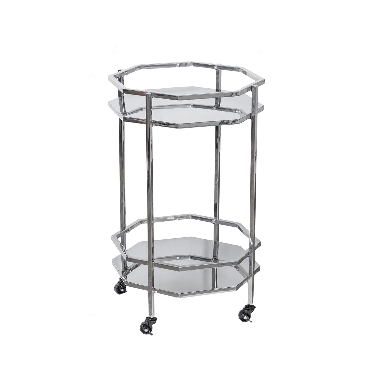 Silver rolling bar cart to use in the bar, kitchen, dining room, or patio for parties.  Hold wine, ice, drink bucket, or bar tools.