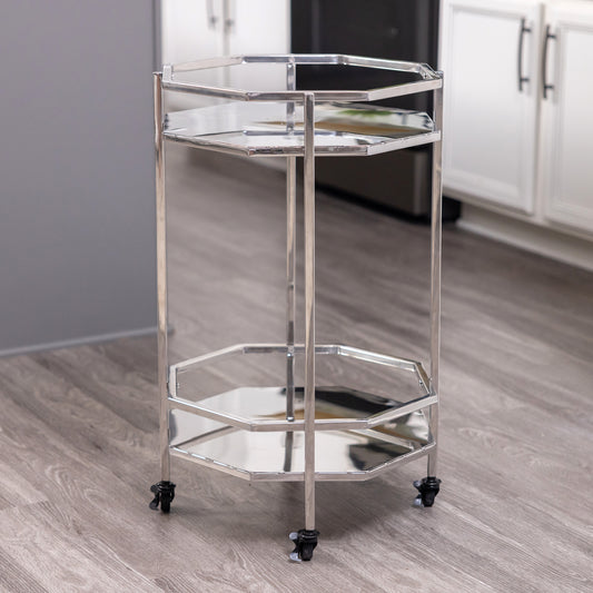 Rolling bar cart for kitchen, bar, or dining room to hold wine bucket or ice bucket.  Perfect for in home party use at celebrations for a wedding, anniversary, or birthday.  Portable and made of durable stainless steel metal.