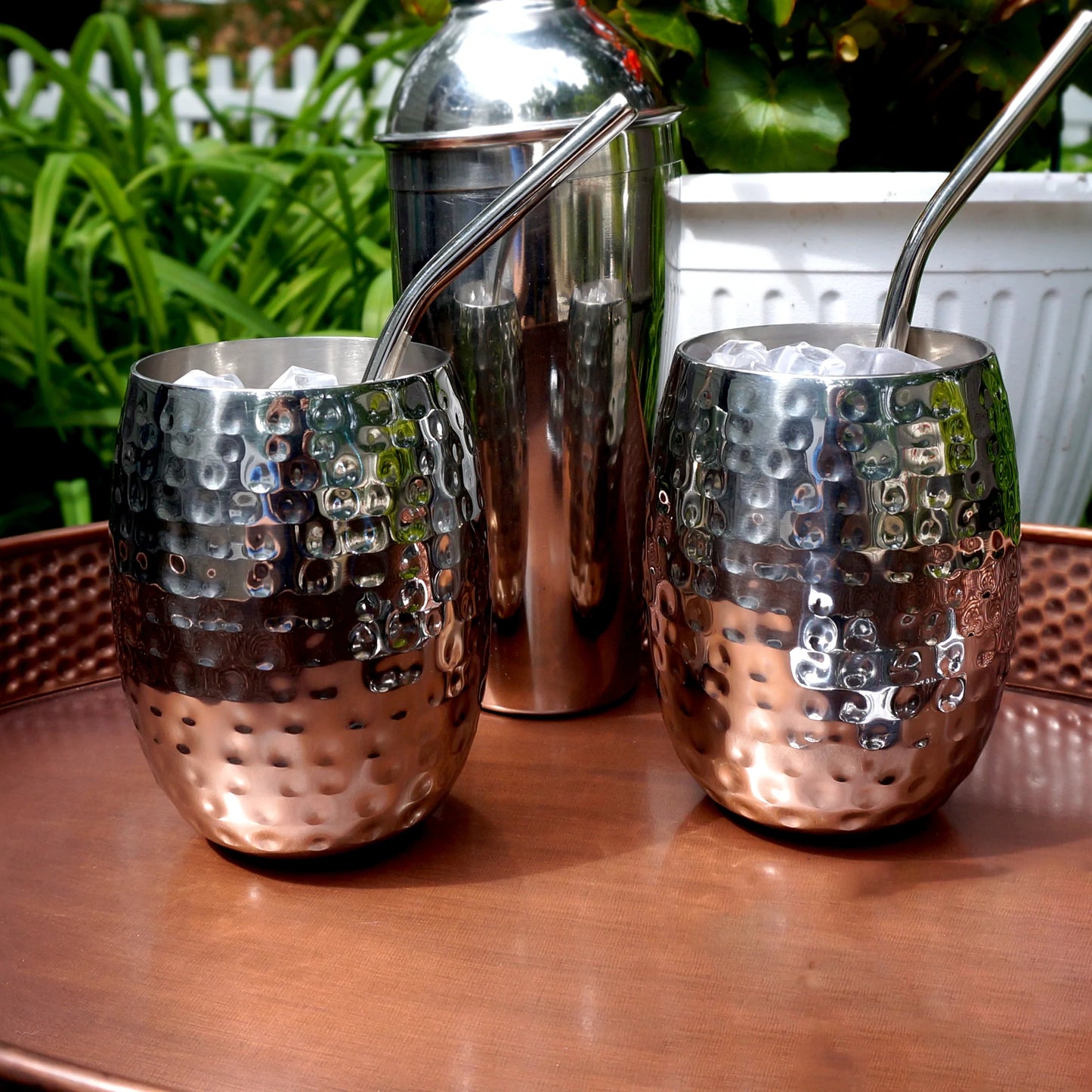 Drink tumbler cups made of stainless steel with double wall insulated construction to use for cocktails, moscow mules, or sangria.  Serve party guests the coldest drinks possible.  Large 18oz size made of food safe stainless steel.