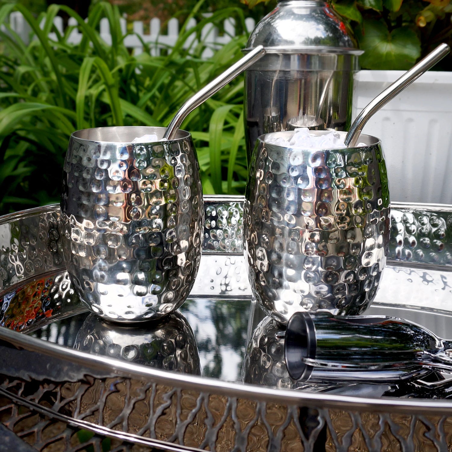 Cocktail tumblers made of stainless steel.  Cups are insulated to max chill time of drinks.  This is a set of two to share with your party guests in the kitchen, bar, dining room, or patio garden.