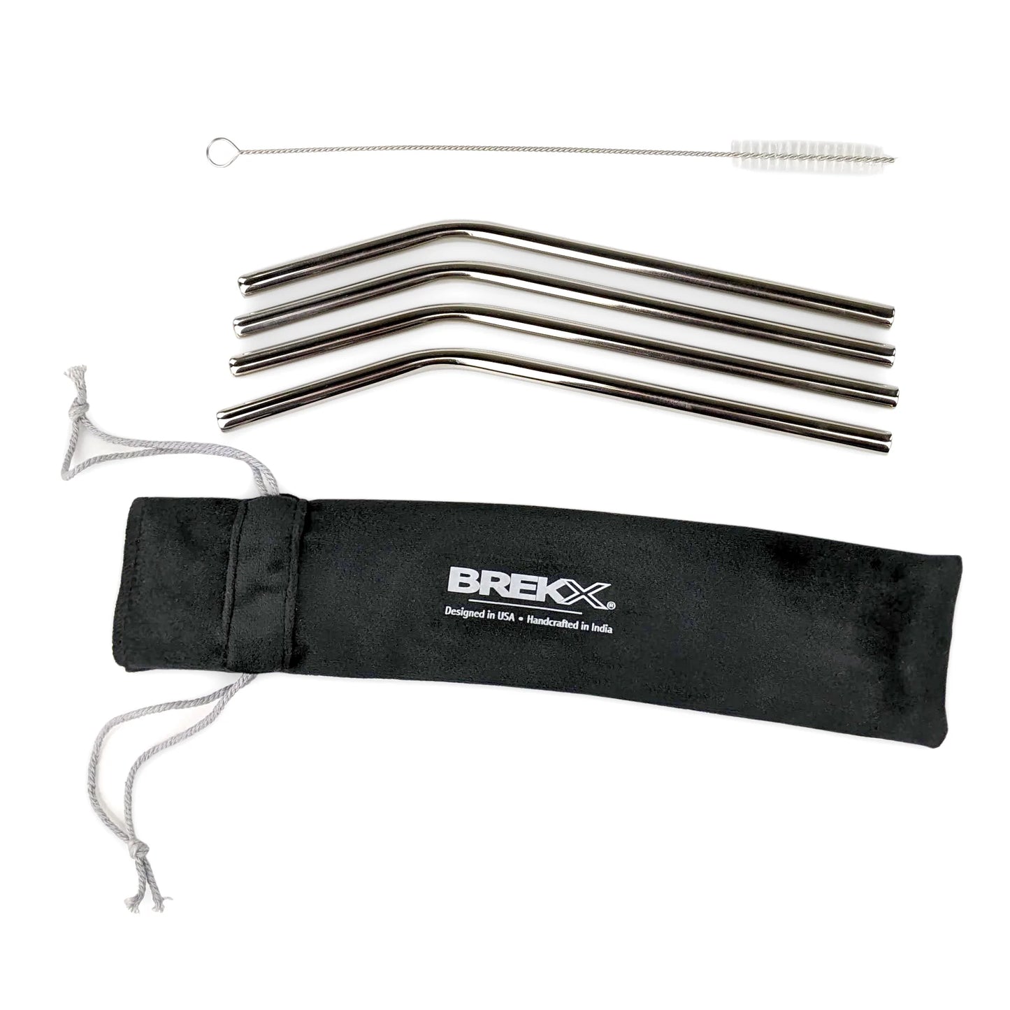 Metal drinking straws made of premium and food safe stainless steel.  Includes cleaning brush and fabric storage case to hold the set.