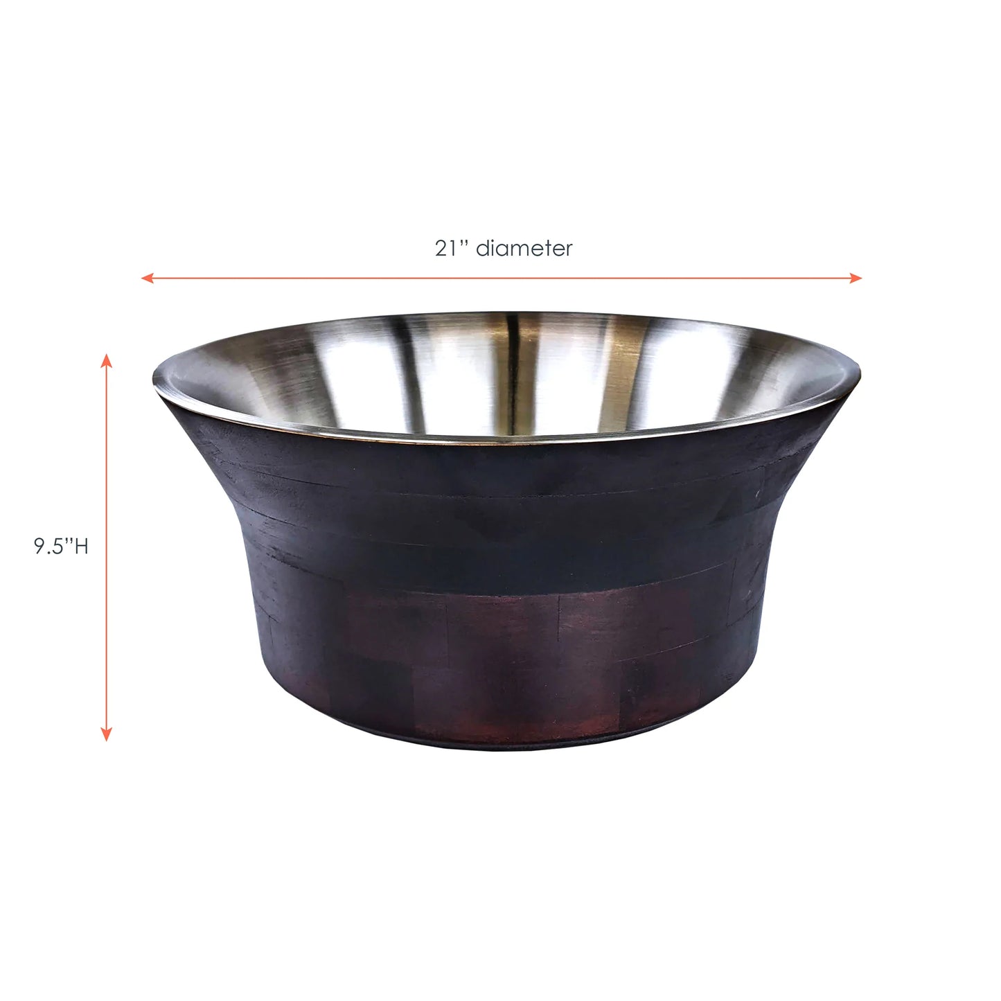 Large round party tub to hold and chill the most wine, beer, champagne, and other drinks for at home parties in the kitchen, dining room, or bar.  Made of stainless steel metal and elegant dark finish mango wood.  100% leak proof.