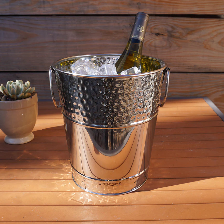 Champagne bucket for chilling wine or champagne for dinners or parties.  Use in the kitchen, dining room, bar, or on the patio.  Holds one to two bottles of wine or one bottle of champagne.